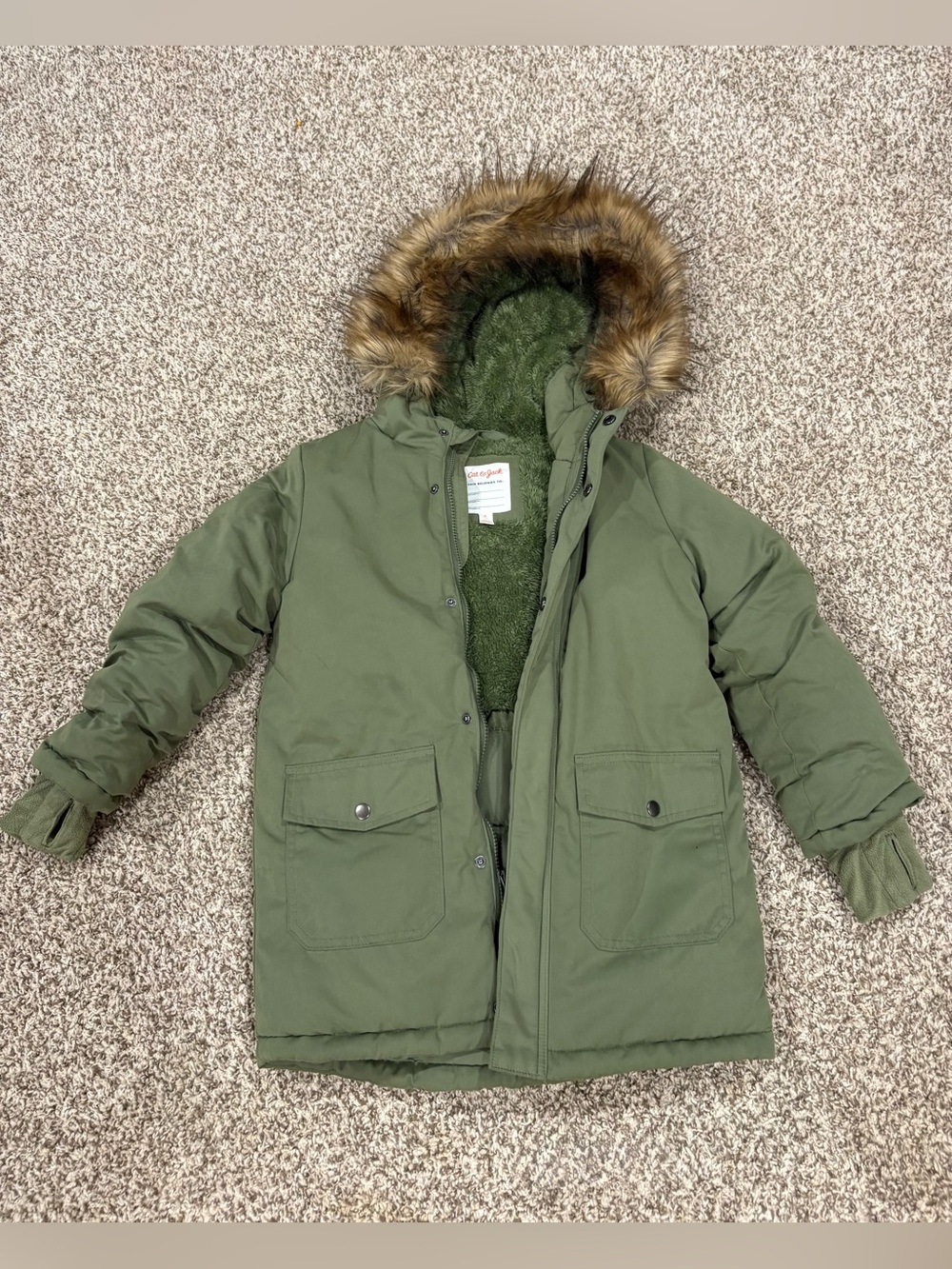 Cat & Jack Olive Green Kids Hooded Puffer Coat with Faux Fur Trim